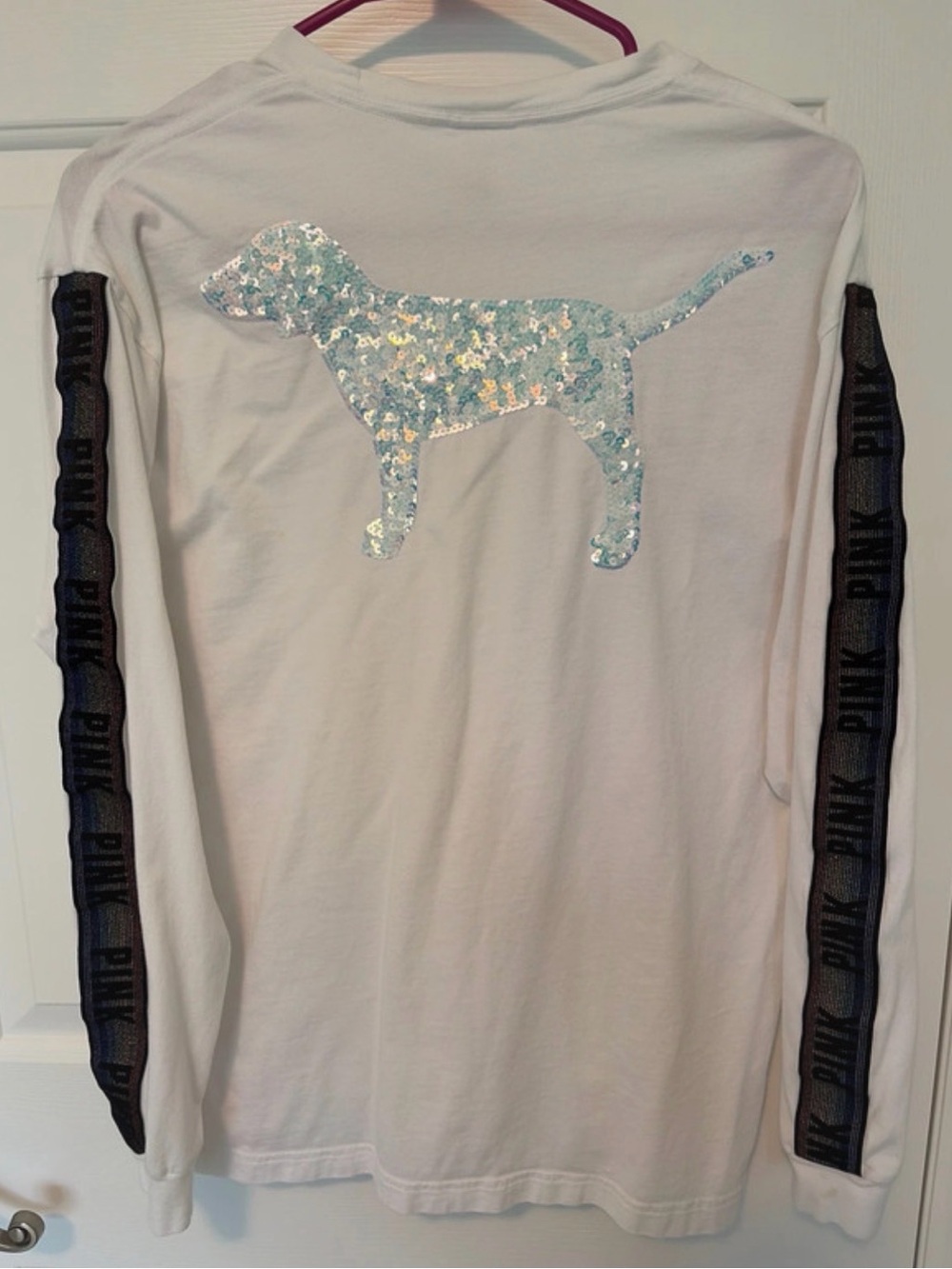 Y2K Victorias Secret PINK White Long Sleeve Rainbow Stripe & Sequin Dog Sz M
